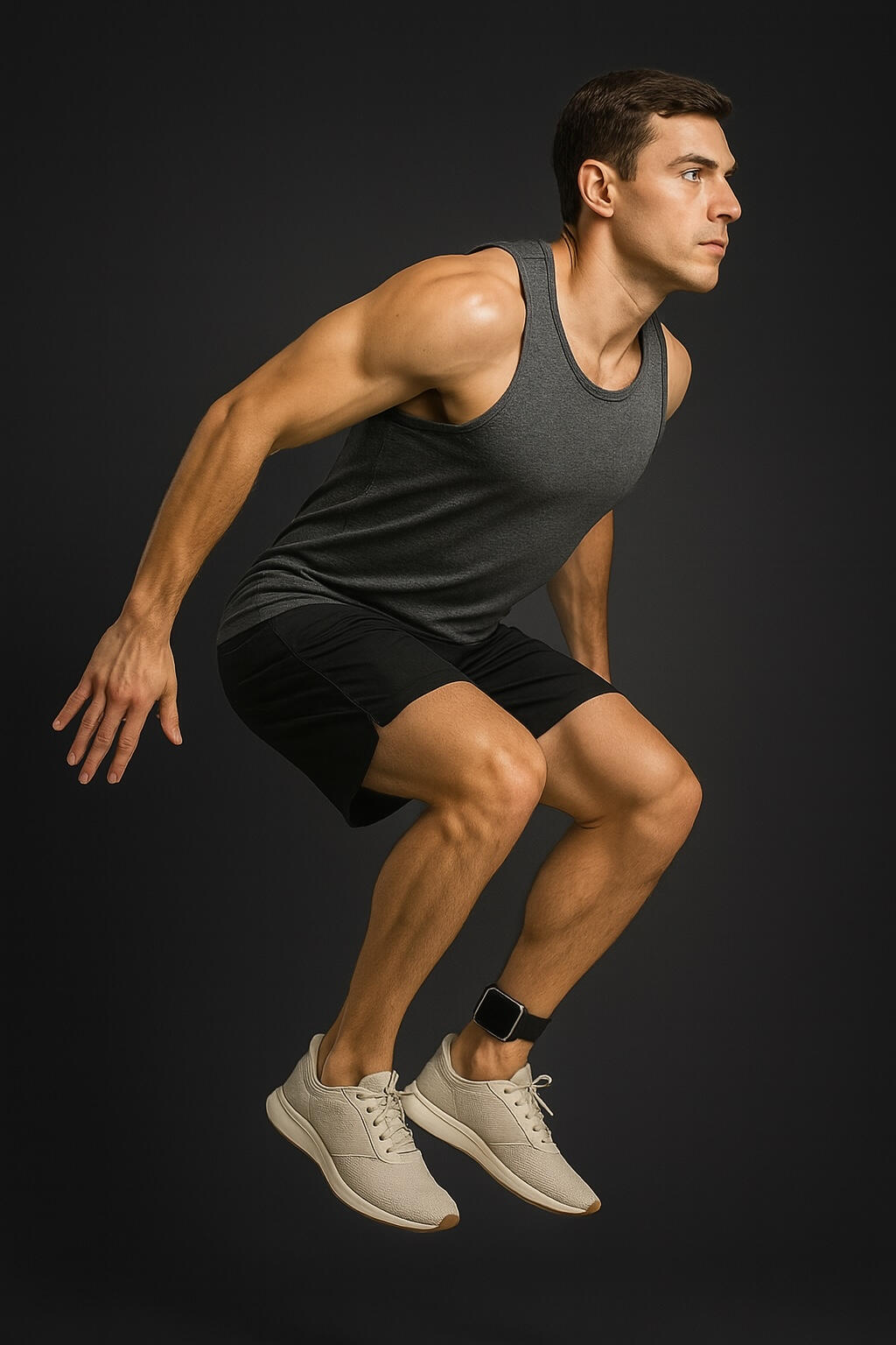 Athlete has an Apple Watch strapped to their ankle to measure their vertical jump metrics. The watch is strapped to the inner (medial) side of the ankle for best results and to minimize motion artifact.